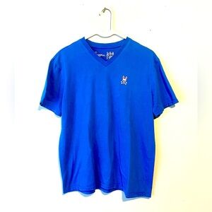PSYCHO BUNNY SOLID BLUE V-NECK DESIGNER BASIC CASUAL T-SHIRT SIZE M